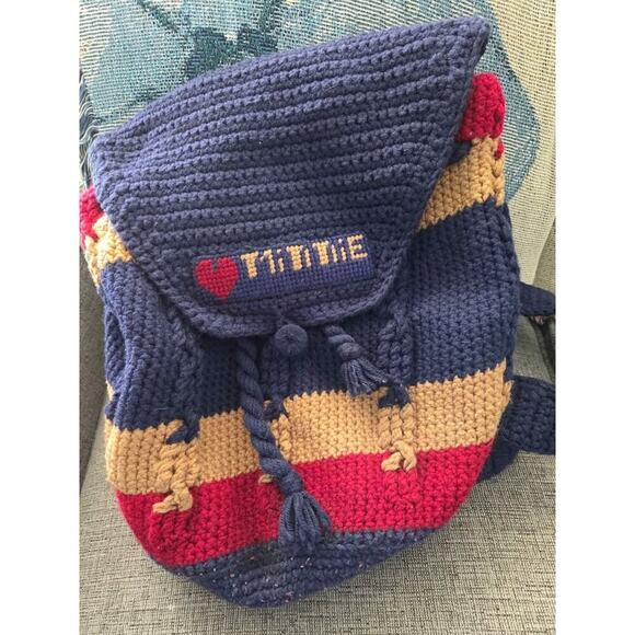 Handmade Crochet I Love Minnie Backpack Navy Red Tan Striped Disney Inspired - Picture 2 of 9